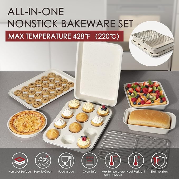 Kikcoin Pots and Pans Set Non Stick 31 Piece Kitchen Nonstick Cooking Cookware Sets with Grill Pan Saucepan Baking Sheet Utensil, Cream White - Image 6
