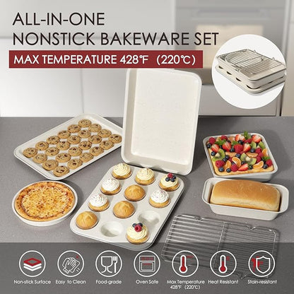 Kikcoin Pots and Pans Set Non Stick 31 Piece Kitchen Nonstick Cooking Cookware Sets with Grill Pan Saucepan Baking Sheet Utensil, Cream White - Image 6