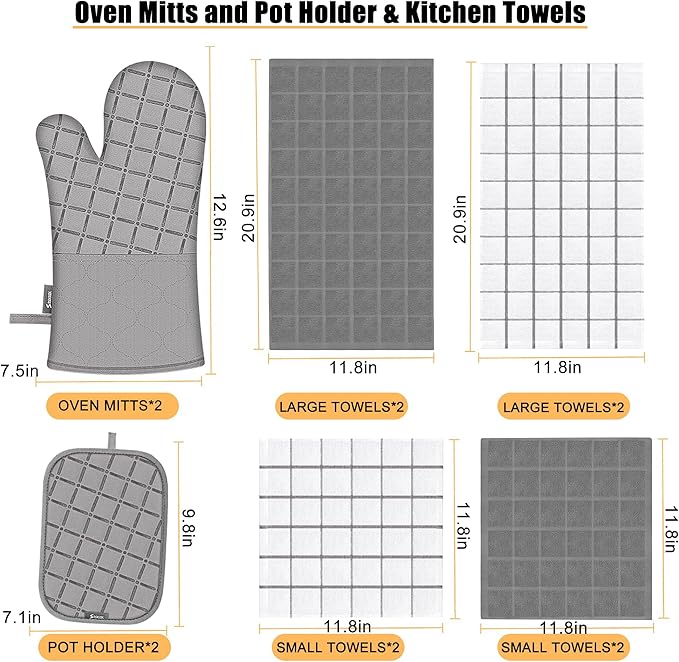 Oven Mitts Kitchen Towels and Dishcloths Pot Holders Sets, Oven Gloves Kitchen Dish Towels 500 Degree Heat Resistant Potholders with Non-Slip Silicone Surface for Cooking, Grilling, Baking-Gray - Image 2