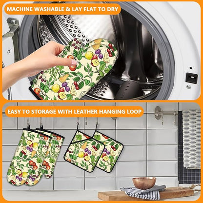 Fruit Oven Mitts and Pot Holders Sets 4Pcs,Extra Long Oven Gloves Potholder for Kitchen Cooking Baking BBQ 100% Cotton Heat Resistant - Image 5