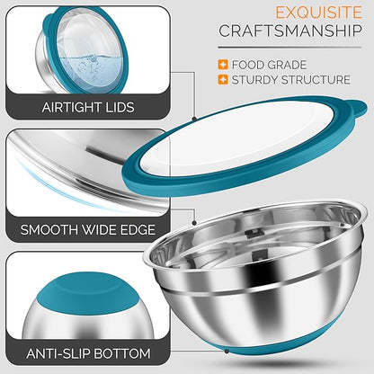 HaWare Mixing Bowls, 24-Piece Stainless Steel Salad Serving Bowl with Airtight Clear Lids, Metal Nesting Bowl For Kitchen Cooking Prepping Storing with 3 Graters, 4.6/2.6/1.5/1/0.7 QT, Teal Blue