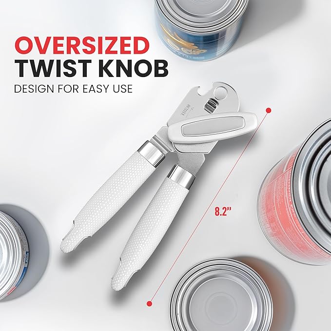 Zulay Kitchen Heavy Duty Stainless Steel Can Opener Manual with Large Bottle Opener - Manual Can Opener with Turn Knob with Soft Grip Handles - White - Image 4