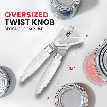 Zulay Kitchen Heavy Duty Stainless Steel Can Opener Manual with Large Bottle Opener - Manual Can Opener with Turn Knob with Soft Grip Handles - White - Image 4