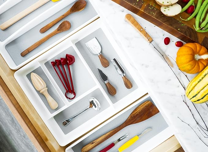 madesmart 4 Compartment Drawer Organizer, Multi Purpose Storage for Utensils, Office Tools, Cords, & Small Household Items, Tech Accessories, Arts & Crafts Supplies, Non Slip Lining, White - Image 6