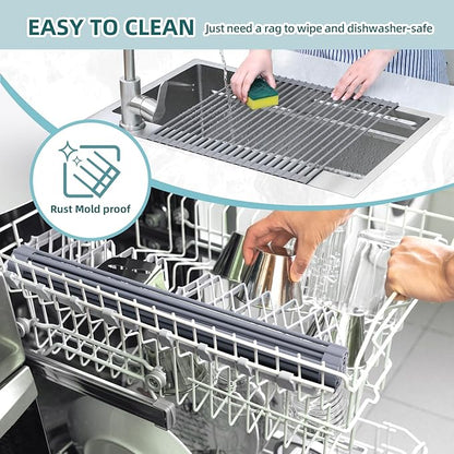 Ohuhu Over Sink Dish Drying Rack, Silicone Wrapped 17.6" W x 15.4" L Large Over The Sink Roll Up Dish Drainer - Foldable Sink Drying Rack Rolling Drain Mats Anti-Slip Multipurpose for Kitchen Counter - Image 6