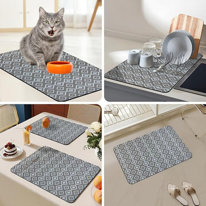 Bloss Dish Drying Mat, 2025 Multiple Usage Coffee Bar Mat, Kitchen Counter Mat, Absorbent Hide Stain Rubber Backed Dish Drying Pad(16.1"x24.1", Gray-White Plaid) - Image 4