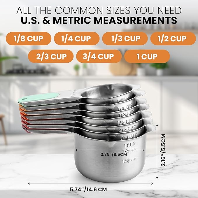 Spring Chef Magnetic Stainless Steel Measuring Cups, Patented, Kitchen Tools with Easy to Read Markings for Measuring Dry or Liquid Ingredients, Set of 7, Desert Sunset - Image 3