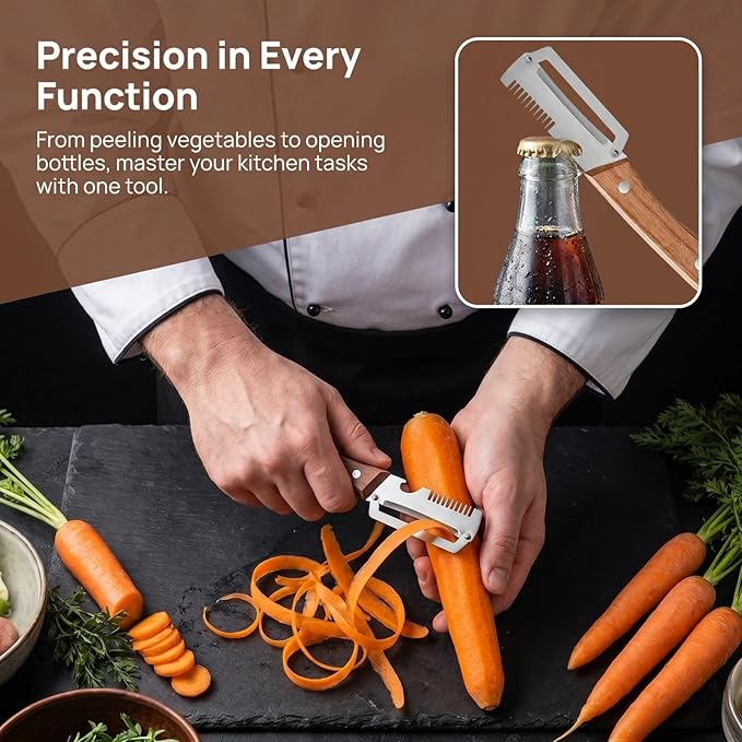 2PCS Multifunctional Vegetable Peeler, 3 in 1 Multi Functional Wooden Handle Peeler, Grater and Bottle Opener, Kitchen Gadgets for Potato, Carrot, Pumpkin, Apple - Image 4