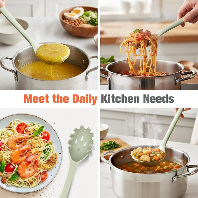 Silicone Spaghetti Spoon&Soup Ladle Cooking Utensils Set of 2,No Scratch for Nonstick Cookware,BPA Free, 450℉ Heat Resistant (Green) - Image 3