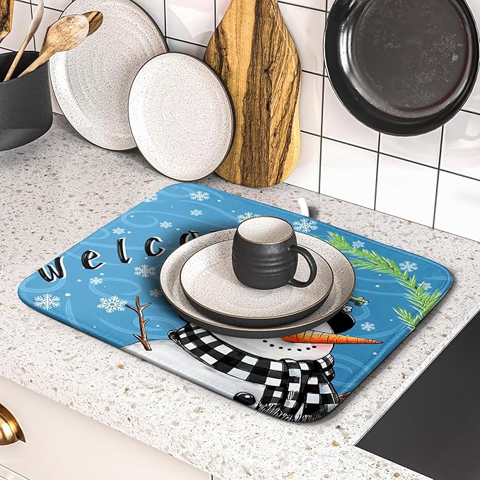 Christmas Snowman Dish Drying Mat for Kitchen Counter 16x18 Blue White Snowflake Welcome Winter Holiday Absorbent Reversible Microfiber Drying Mats Kitchen Countertop Protector Dishes Drainer Rack Pad - Image 5