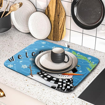 Christmas Snowman Dish Drying Mat for Kitchen Counter 16x18 Blue White Snowflake Welcome Winter Holiday Absorbent Reversible Microfiber Drying Mats Kitchen Countertop Protector Dishes Drainer Rack Pad - Image 5