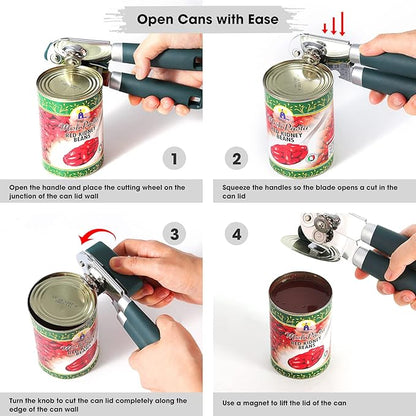 Beneno Heavy Duty Hand Can Opener Manual with Magnet, Durable Sharp Carbon Steel Blade Smooth Cutting, Big Effort-Saving Knob & Soft Grip Handle, Multifunctional Kitchen Tool with Bottle Opener, Green - Image 4