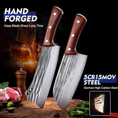 Topfeel 2PCS Meat Cleaver & Heavy Duty Bone Chopper Knife Set, Hand Forged German High Carbon Stainless Steel Butcher Knife for Home Kitchen & Outdoor