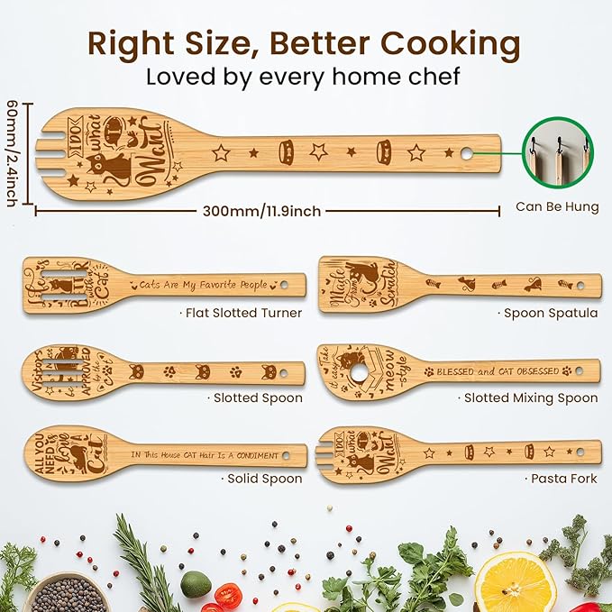 CUTHOLLOW 6PCS Cartoon Cats Wooden Kitchen Cooking Utensil Set, 11.9in Non Toxic Bamboo Wood Spoon Set for Cooking, Best Housewarming Birthday Thanksgiving Christmas Gift for Women Mother