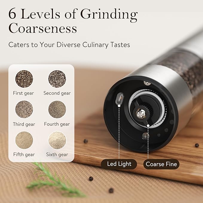 Ultrean Salt and Pepper Grinder Set, Rechargeable Salt and Pepper Shakers, 6 Adjustable Coarseness, LED Light, Kitchen Gadget Cooking Gifts Valentines Day Gifts for Him Her Mom Dad, Stainless Steel - Image 3