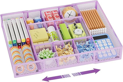 Marbrasse Expandable Desk Drawer Organizer, Mesh Drawer Organizer Tray with 10 Adjustable Compartments, Desk Organizers and Accessories for Office Supplies, Makeup & Vanity (Expandable-Purple) by Marbrasse