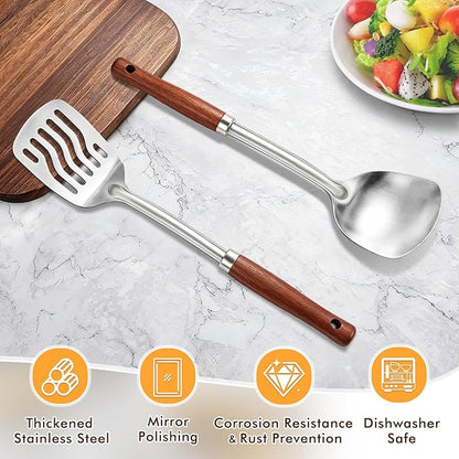 2 Pcs Stainless Steel Spatulas Set, Metal Spatula Solid & Slotted Turner, Heavy Duty Sturdy Spatula for Kitchen Use, High Heat Resistant Cooking Utensils for Fish Eggs Pancakes, Easy to Clean, Silver - Image 2