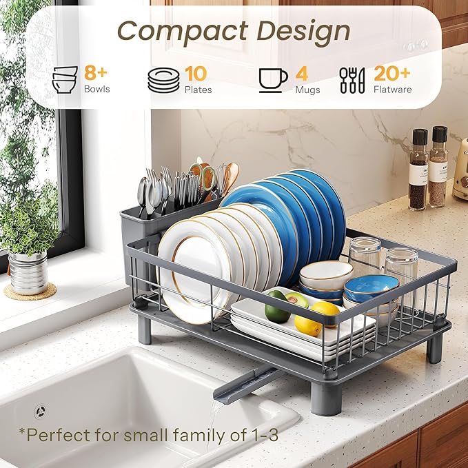 SNTD Dish Drying Rack - Small Dish Rack for Kitchen Counter, Stainless Steel Dish Drainer with Utensil Holder and Drainboard, 11" W x 15" L (Grey) - Image 3