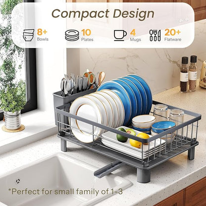 SNTD Dish Drying Rack - Small Dish Rack for Kitchen Counter, Stainless Steel Dish Drainer with Utensil Holder and Drainboard, 11" W x 15" L (Grey) - Image 3