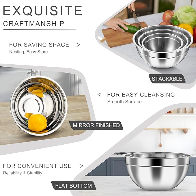 HaWare Mixing Bowls with Airtight Clear Lids, 6-Piece Stainless Steel Strong Nesting Bowls Set, Metal Salad Bowl for Cooking, Prepping, Baking, Serving & Food Storage, Size 4.6, 3, 1.5QT, Black - Image 5