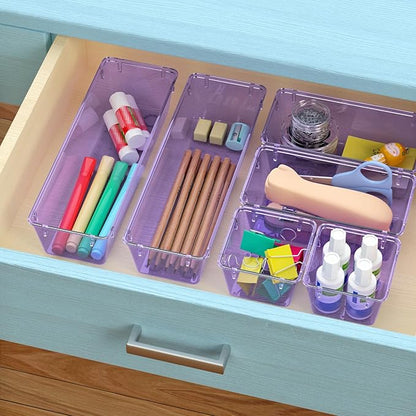 WOWBOX 9 Pack Clear Drawer Organizer Set, Acrylic Drawer Storage Trays, Storage Bins for Makeup, Cosmetics, Jewelries, Utensils, Gadgets, Office, Purple - Image 5