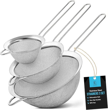 ELEEN Premium Stainless Steel Fine Mesh Strainers for Kitchen 3-Piece Set with Non-Slip Handle, Small, Medium & Large Sieves, Colanders and Sifter for Sifting, Straining, Pastas Tea, Rice Vegetables by Eleenisakitchenbrand