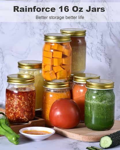 Rainforce 16 oz Mason Jars With Lids Regular Mouth 15 Pack-16 oz Glass Jars with Gold Lids,Bulk Pint Clear Glass Jars For Meal Prep, Food Storage With 20 Labels - Image 2