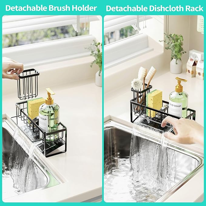 HapiRm Sponge Holder for Kitchen Sink - Self-draining Sink Caddy with Brush and Dishcloth Holders with Sloping Drainage - Black - Image 3
