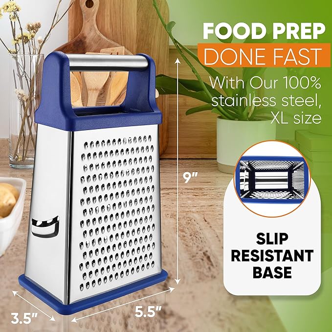 Spring Chef Stainless Steel XL Parmesan Cheese Grater with Handle - 4 Sided Metal Box Grater for Kitchen - Dishwasher Safe Potato Shredder for Hash Browns, Potato, Carrot, Vegetables - Sapphire - Image 4