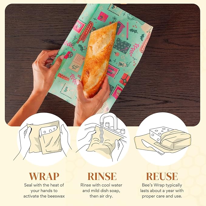 Bee's Wrap Beeswax Wraps for Food - Cut to Size 14x52" Beeswax Wrap Roll - Plastic Free Made in USA Reusable Natural Food Wrap - Seasons Greetings - Image 4