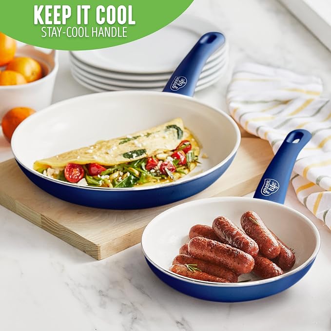 GreenLife Non Stick Fry Pan Set (7" & 10"), Non-Toxic PFAS-Free Ceramic Skillets, Dishwasher & Oven Safe, Egg Omelet Frying Pans, Stay- Cool Handles, Kitchen Home Cooking Essentials, Blue - Image 9
