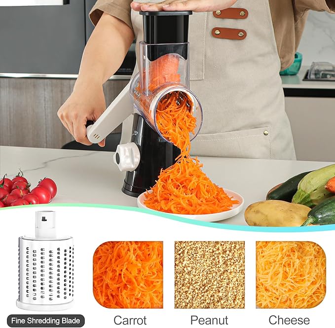Ourokhome Rotary Cheese Grater Hand Crank, Kitchen Shredder Speed Mandolin Slicer Nuts Grinder with Handle and Drum Blades for Cheese, Vegetable, Walnut, Chocolate, Potato, Carrot, 3 Blades, Black - Image 2