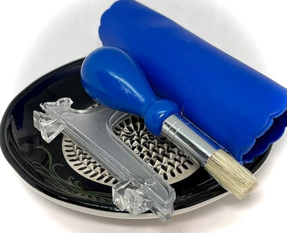 BonCera, All-in-one Premium Ceramic Garlic Grater Plate 4-Piece Set - Black Garlic Design - for Garlic, Ginger, Chocolate, and More! - Comes with 5.25" Plate, Peeler, Brush, and Stand