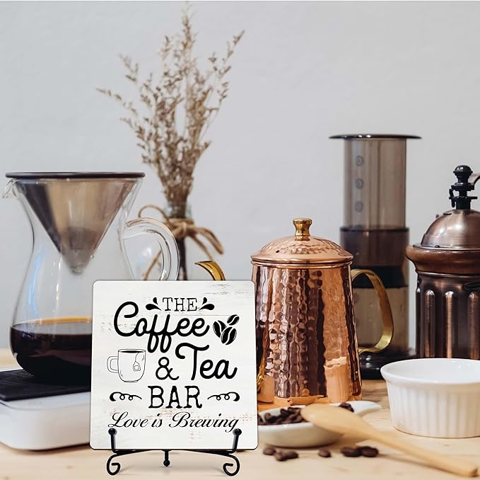 Coffee Bar Sign, Love is Brewing Farmhouse Tabletop Decor, Coffee and Tea Lover Gifts, 5x5 Wood Plaque with Iron Stand for Home Kitchen Cafe, Coffee Bar Decor – L07 - Image 6