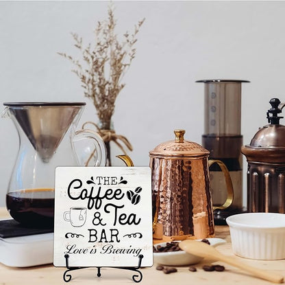 Coffee Bar Sign, Love is Brewing Farmhouse Tabletop Decor, Coffee and Tea Lover Gifts, 5x5 Wood Plaque with Iron Stand for Home Kitchen Cafe, Coffee Bar Decor – L07 - Image 6
