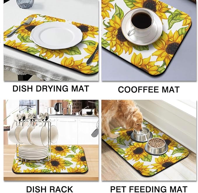 Dish Drying Mat for Kitchen Counter 2 Pack with Non-Slip Rubber Backing - Heat-Resistant Absorbent Coffee Bar Mat, Dish Rack Mat, Sunflower Dish Drying Mats 18x24+19.5x12 inch