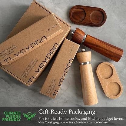 TLYSXPRO Wooden Salt and Pepper Grinder Set – Refillable Salt and Pepper Mill with Adjustable Upgraded Large Size Ceramic Burr – Manual Pepper Grinder with Beech Wood Body – 8.3” Tall (Chestnut)