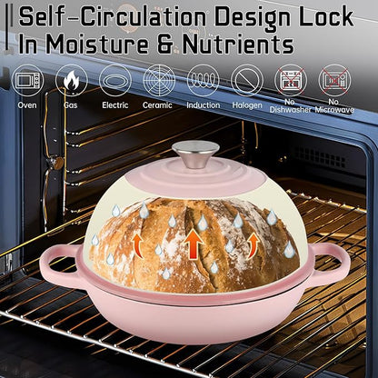 Enameled Cast Iron Bread Oven, Dutch Oven Pot with Lid, 10" Bread Dutch Oven for Sourdough Bread Baking, 6 Quarts Bread Pan with Dome Lid, Non-stick Cookware for Homemade Bread, Pink
