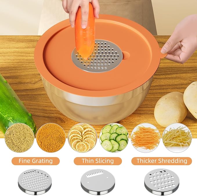 Fyrnova Mixing Bowls with Lids Set, 6 Piece Stainless Steel Nesting Storage Bowls for Kitchen, with 3 Grater Attachments & Non-Slip Bottoms, Size 5.5,3.5,2.5,2.1,1.5,1.1 QT - Image 3