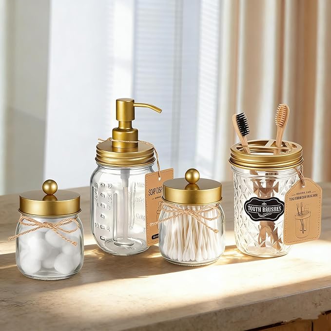 Amolliar Mason Jar Liquid Soap Dispenser -Rustproof Stainless Steel Farmhouse Decor for Bathroom Vanities,Kitchen Sink/ Liquid Soap Pumps for Hand Soap,Dish Soap,Lotions/Golden -2 Pack - Image 2