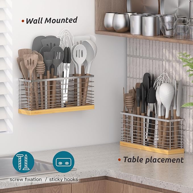 Suli Extra Large Kitchen Utensil Holder Countertop with 4 Compartments,Silvery Metal holder with Wooden Base for Countertop,Farmhouse Utensil Organizer for counter,Rustic Cooking Utensil Organizer - Image 5