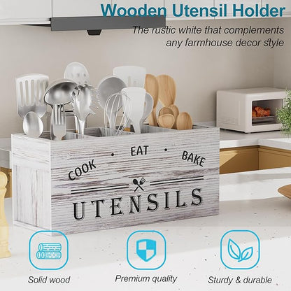 ZUJJAFY Utensil Holder for Kitchen Counter, Large Kitchen Utensil Holder for Countertop with 4 Compartments, Wooden Cooking Utensil Organizer for Spatula Storage, White