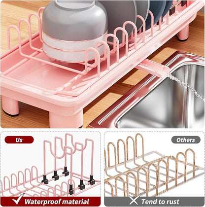 SanDream Small Dish Drying Rack with Removable Utensil Holder & Anti-Scratch Base - Stainless Steel Dish Rack, Dish Drying Rack with Drainage & Space Saving Design for Kitchen Counter, Pink - Image 5