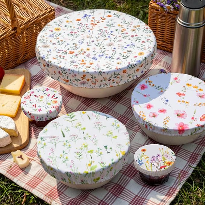 Patelai 10 Pcs Bowl Covers Reusable in 5 Size Stretch Cloth Fabric Elastic Food Storage Bowl Covers Bread Sourdough Lids for Proofing Food Fruits Leftover(Colorful,Spring Style) - Image 2