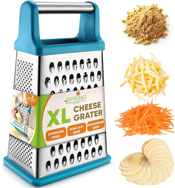 Spring Chef Handheld Stainless Steel XL Parmesan Cheese Grater with Handle - 4 Sided Metal Box Grater for Kitchen - Dishwasher Safe Potato Shredder for Hash Browns, Potato, Carrot, Vegetables - Teal by SpringChef