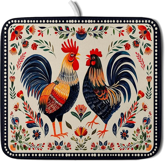 Roosters Chicken Dish Drying Mat for Kitchen Counter Absorbent Microfiber Drying Pad 16 x18 In by Giwawa