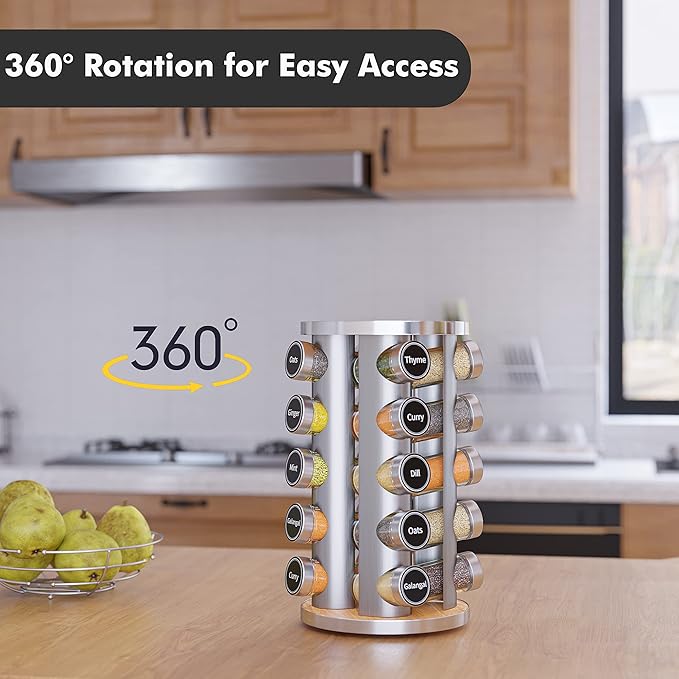 Revolving Spice Rack Set with 20 Spice Jars, Kitchen Spice Tower Organizer for Countertop or Cabinet -- Carousel Storage Includes 386 Spice Labels -- Desktop Rotating Seasoning Organizer - Image 3