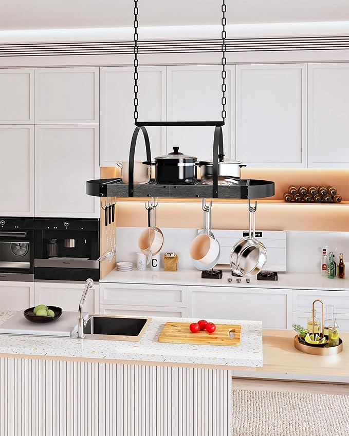 CHOEZON Hanging Pot Rack, Pot Hanger for Kitchen, Ceiling Mounted Pot Holder, Cookware Organizer with 12 S-Shaped Hooks, for Pot, Pan Storage, Space-Saving, Charcoal Black and Black TPR08BCC1 - Image 2