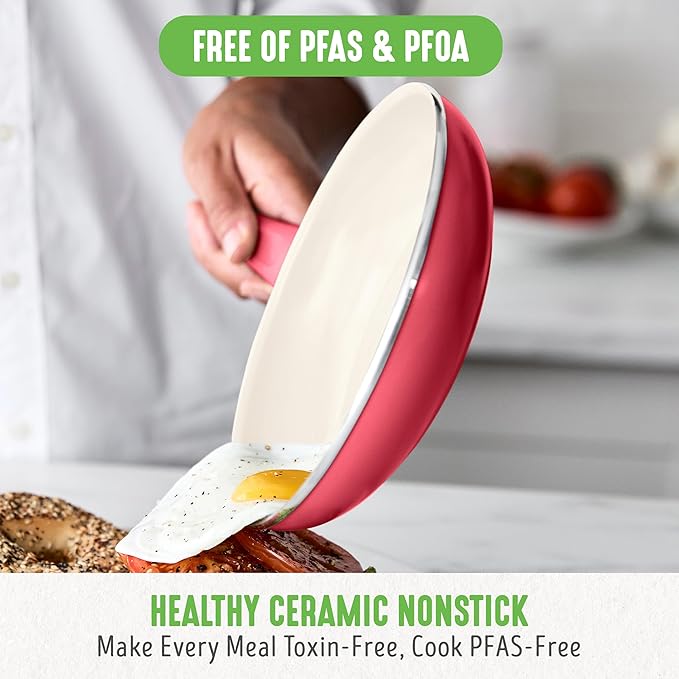 GreenLife 16 Piece Nonstick Cookware Set, Soft Grip Non-Toxic PFAS-Free Ceramic Pots & Pans, Dishwasher & Oven Safe, Frying, Sauce, Saute, Utensils, Glass Lids, Stay-Cool Handles, Wobble Free, Red - Image 2