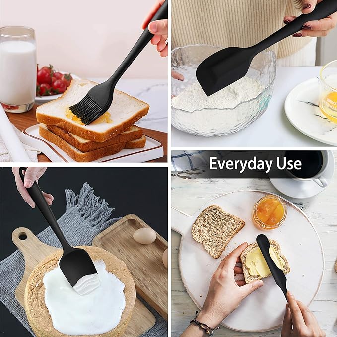LIANYU 15-Piece Kitchen Cooking Utensils Set with Holder, Silicone Kitchen Tools Stainless Steel Handle, Slotted Spatula Spoon Turner Tong Whisk Brush for Cooking, Black - Image 4